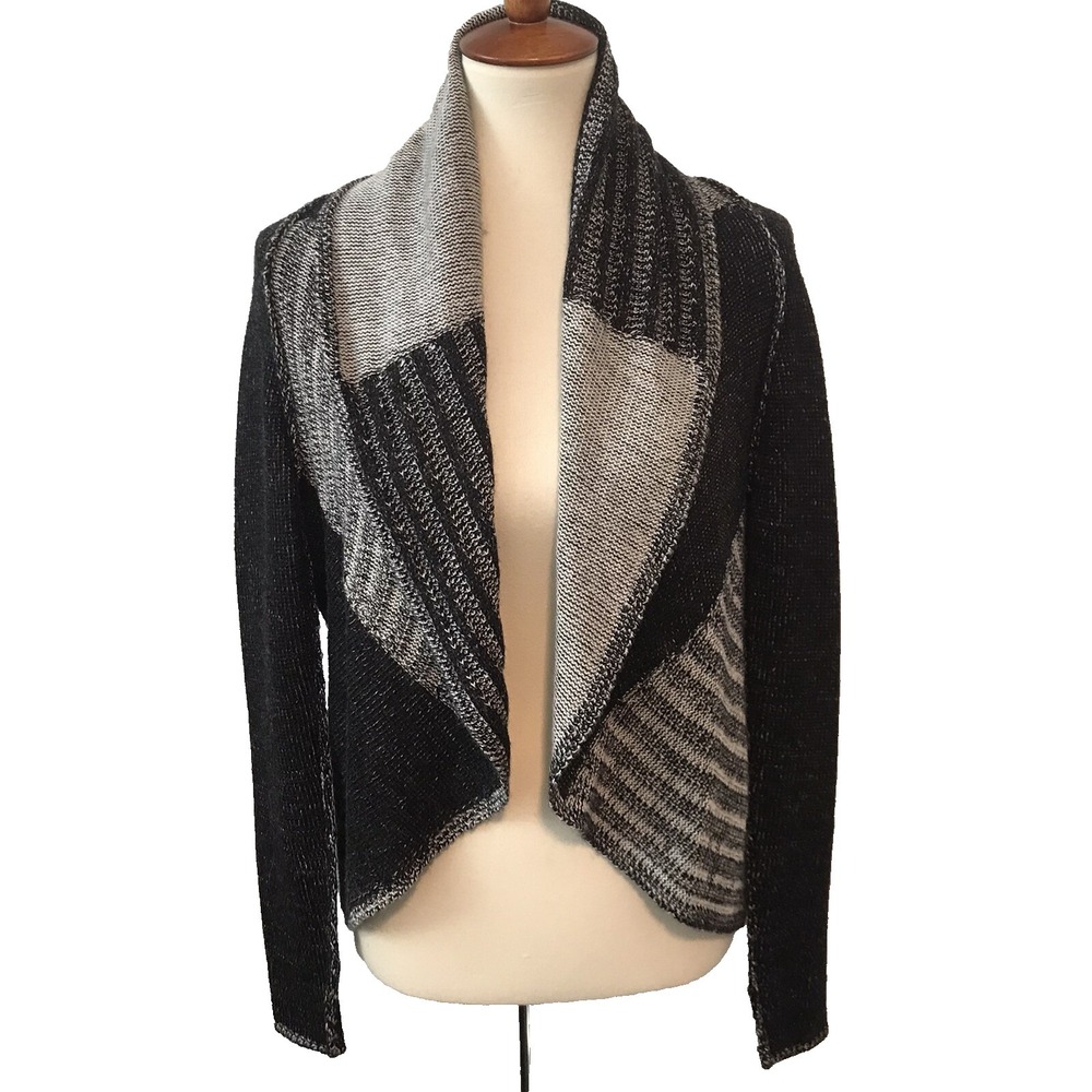 CAbi Medium Wool Blend Open Front Patchwork Cardigan Sweater Black Gray Knit